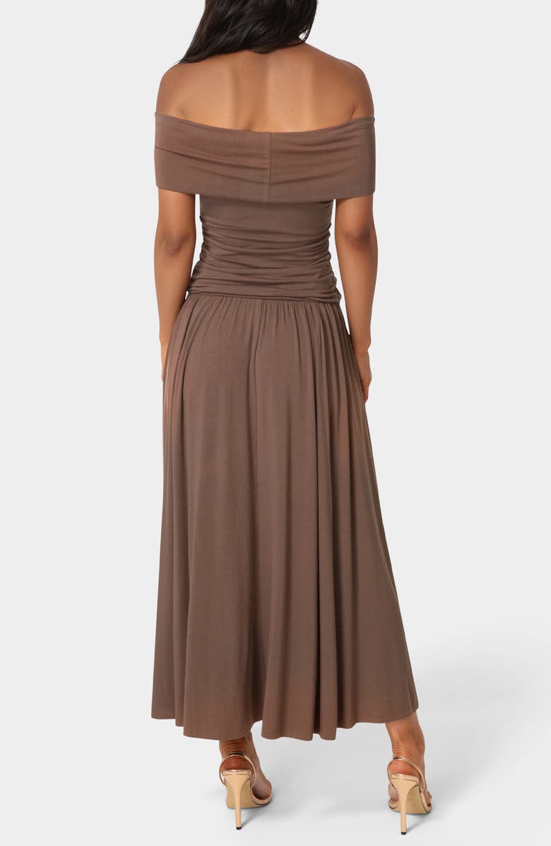 bebe Off the Shoulder Drop Waist Maxi Dress, Alternate, color, Chocolate