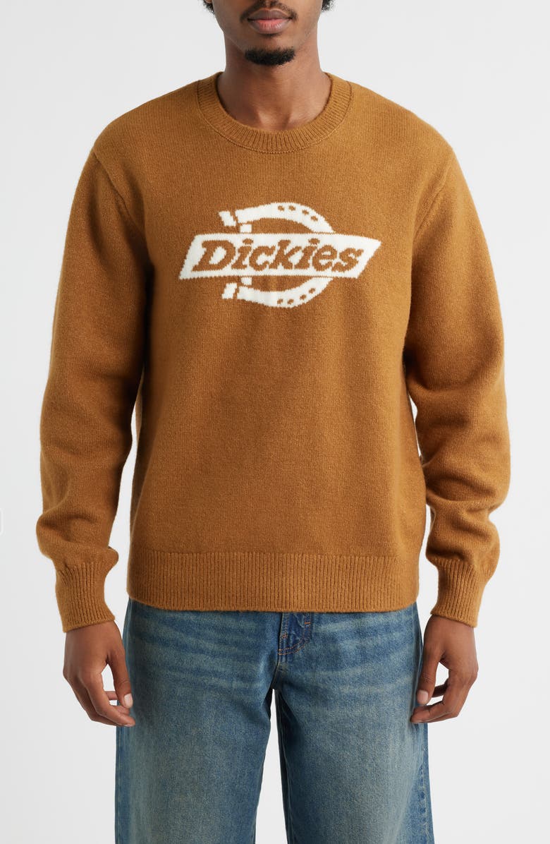 Dickies Ruston Intarsia Logo Crewneck Sweater, Main, color, Brown Duck