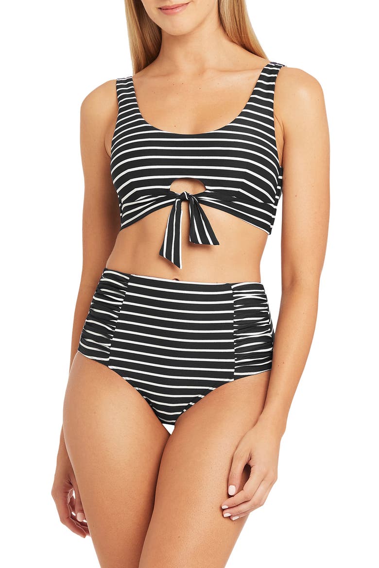 Stripe High Waist Gathered Side Bikini Bottoms, Alternate, color, BLACK