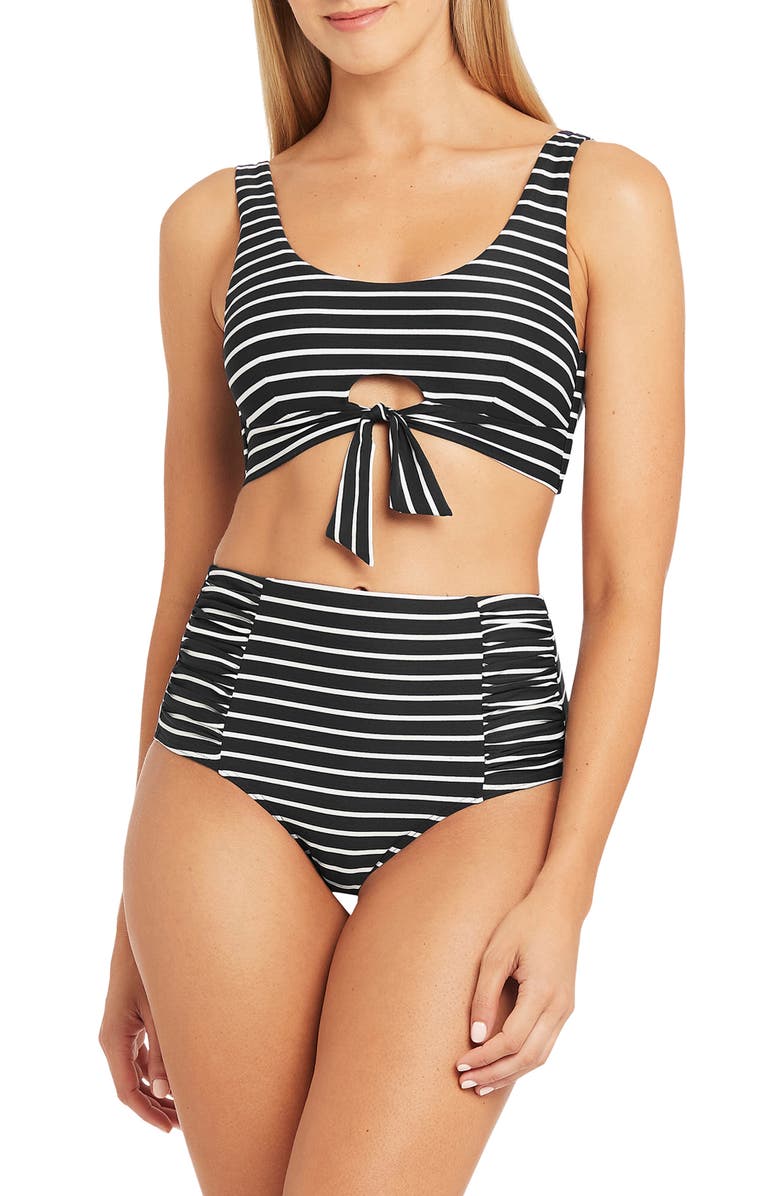 Sea Level Stripe High Waist Gathered Side Bikini Bottoms, Alternate, color,