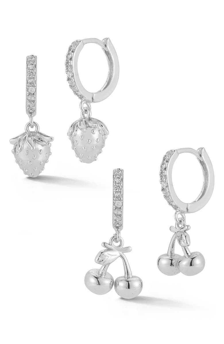 GLAZE JEWELRY Set of 2 Strawberry & Cherry Drop Huggie Hoop Earrings, Main, color, Silver