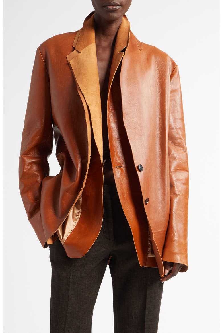 Lysandre Contrast Layers Raw Edge Leather Jacket, Main, color, CARAMEL