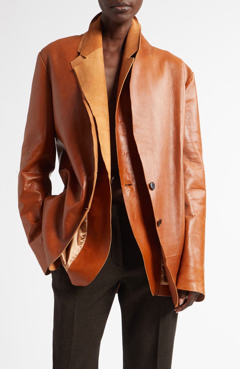 The Row Lysandre Contrast Layers Raw Edge Leather Jacket, Main, color, 