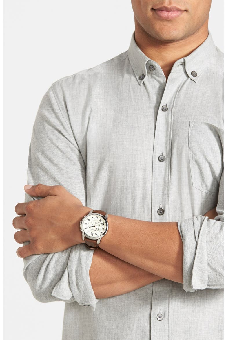 'Grant' Round Chronograph Leather Strap Watch, 44mm, Alternate, color, BROWN