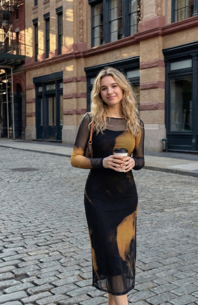 Modenaire Mesh Overlay Layered Set Midi Dress, Alternate, color, Black