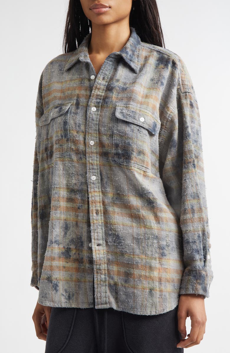 R13 Plaid Cotton Button-Up Boyfriend Shirt, Alternate, color, Overdyed Light Blue Plaid