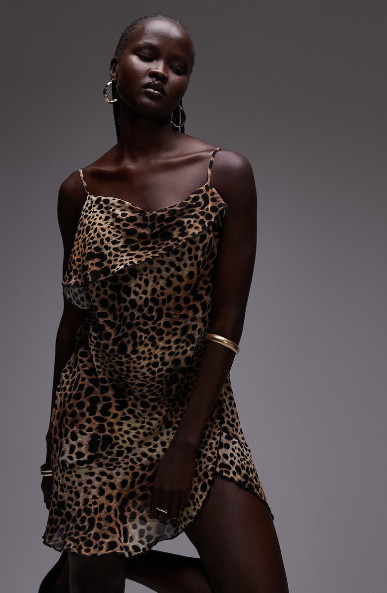 Topshop Leopard Print Draped Chiffon Minidress, Alternate, color, Light Brown Multi