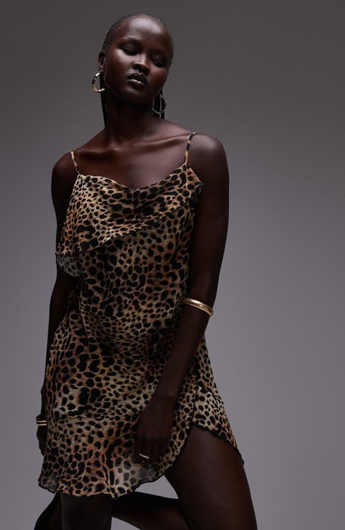 Topshop Leopard Print Draped Chiffon Minidress In Light Brown Multi