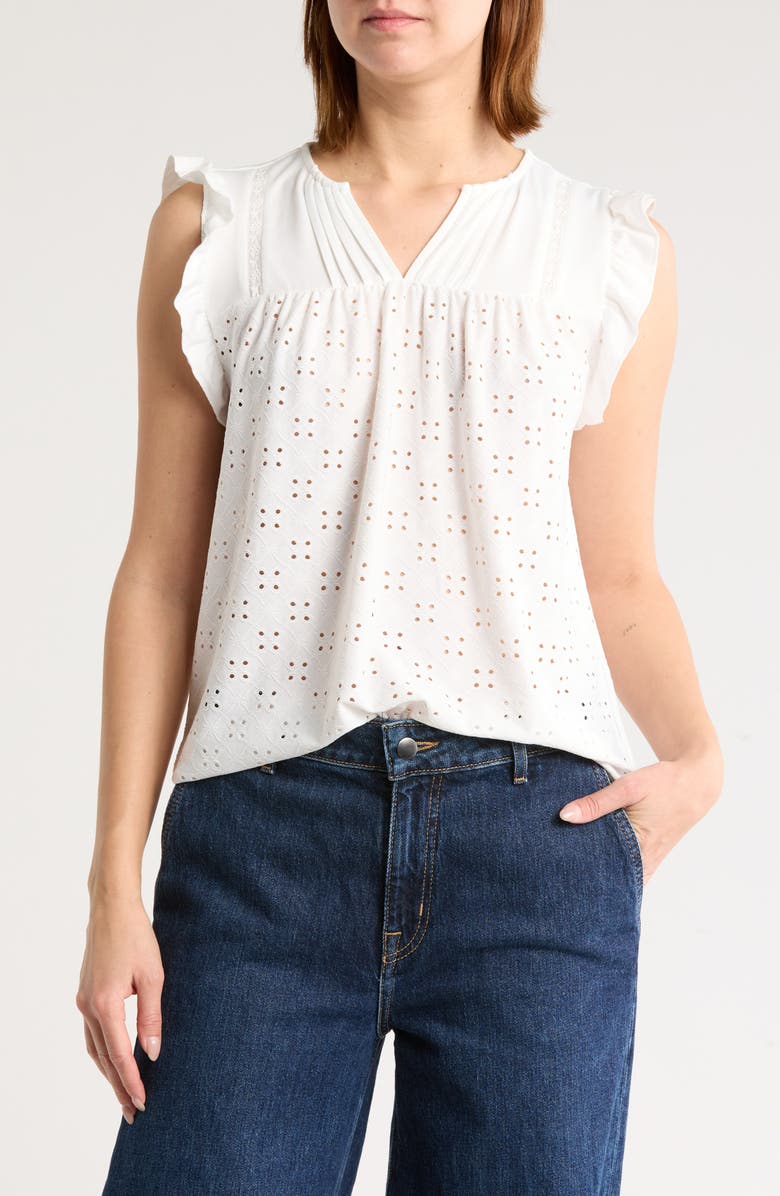 Bobeau Embroidered Eyelet Cap Sleeve Top, Main, color,