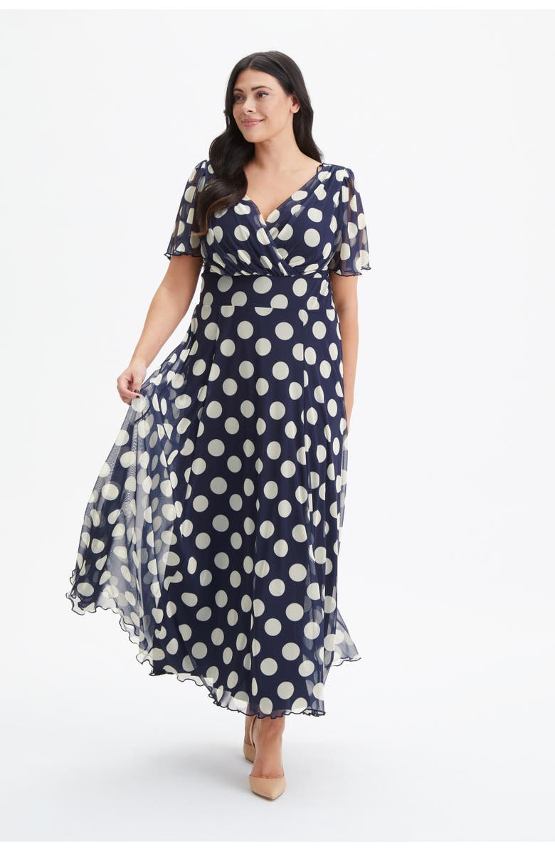 Scarlett & Jo Isabelle Spot Angel Sleeve Maxi Dress, Main, color, Navy Cream