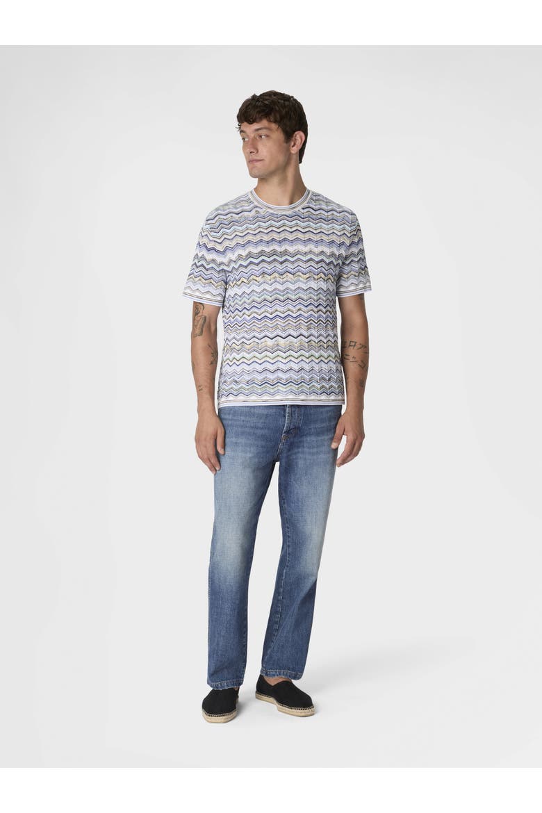 Five-pocket Cotton Denim Trousers With Zigzag Embroidery, Alternate, color, Beige& White