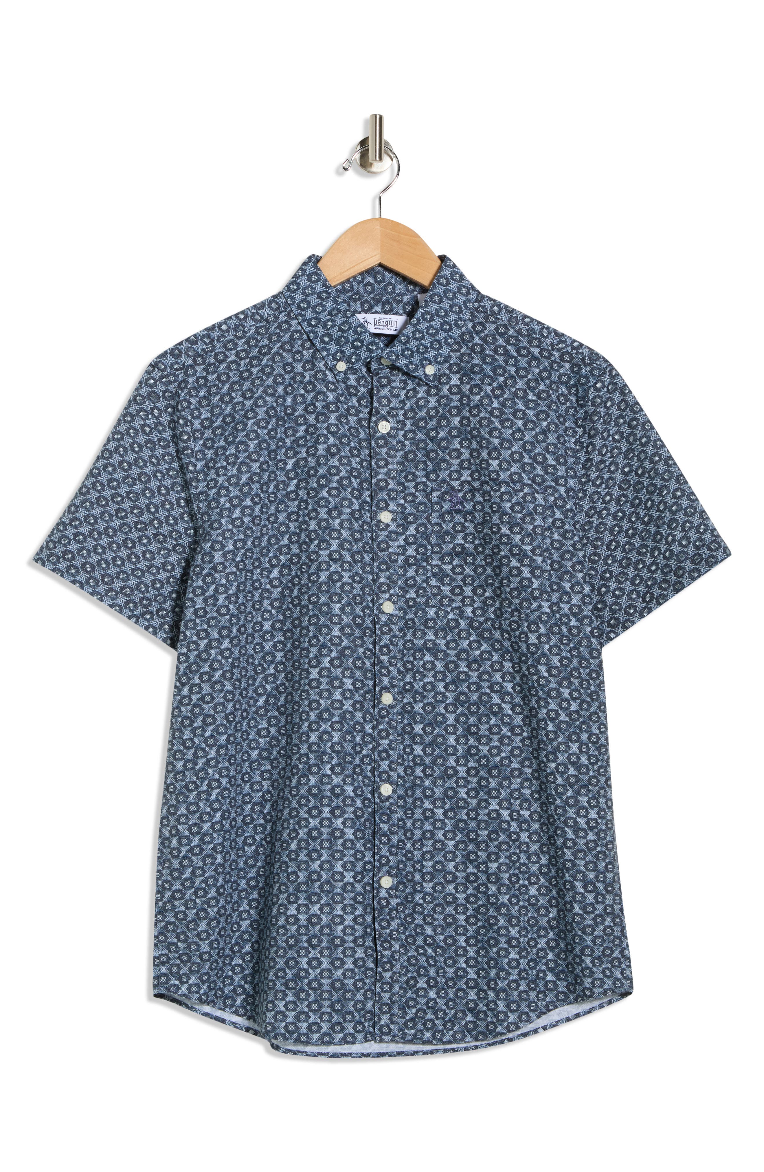 Original Penguin Geometric Print Short Sleeve Chambray Button-Up Shirt