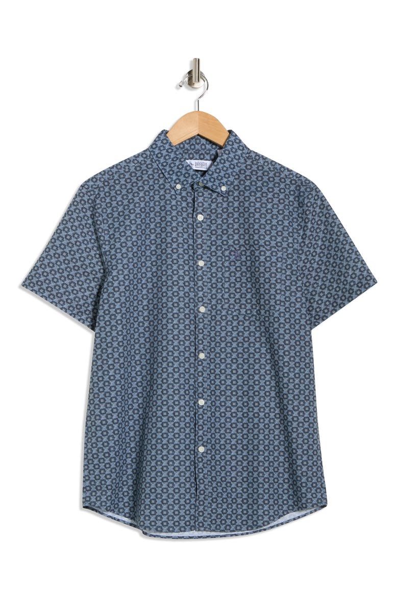 Geometric Print Short Sleeve Chambray Button-Up Shirt, Alternate, color, DARK SAPPHIRE