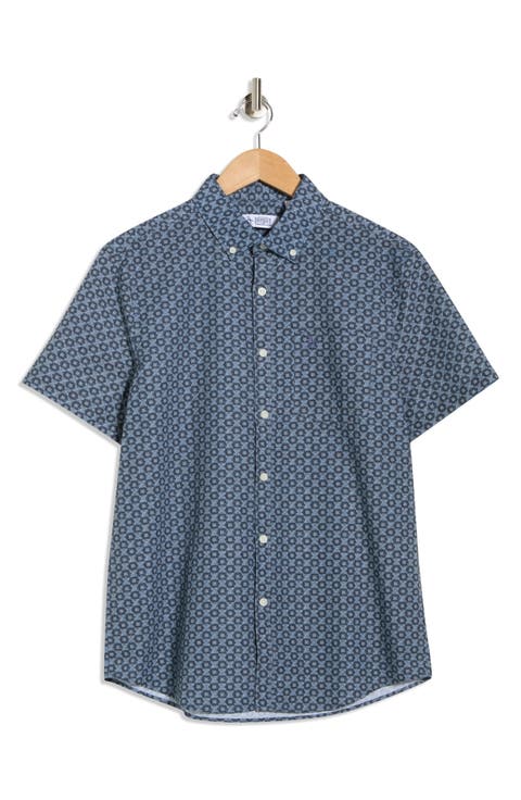 Geometric Print Short Sleeve Chambray Button-Up Shirt