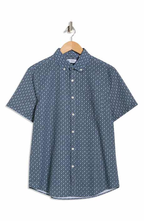 Original Penguin Geometric Print Short Sleeve Chambray Button-Up Shirt