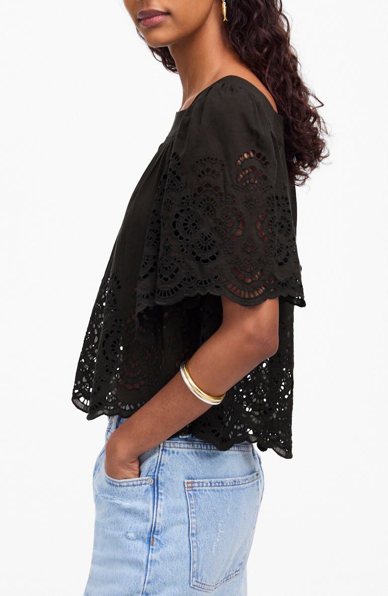 Madewell Eyelet Flutter Sleeve Cotton Blend Top, Alternate, color, 
