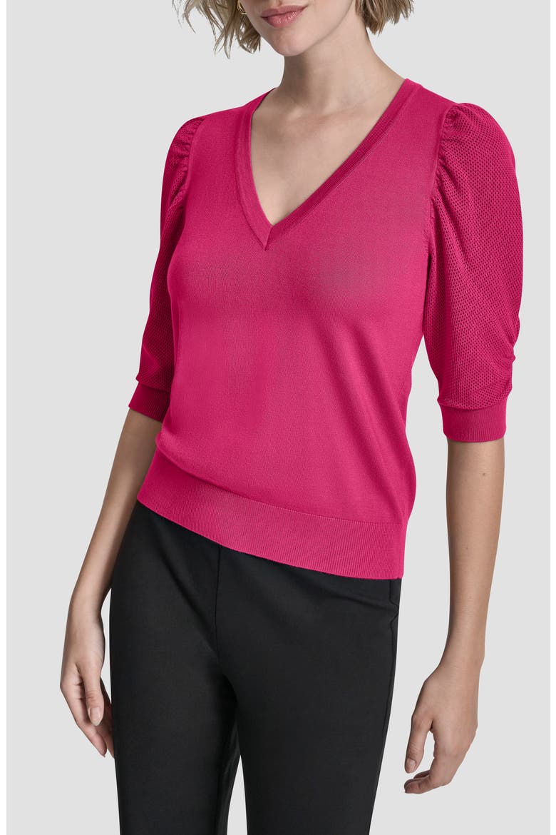 Puff Sleeve V-Neck Sweater, Main, color, HOT PINK