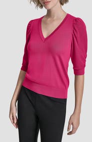 DKNY Puff Sleeve V-Neck Sweater