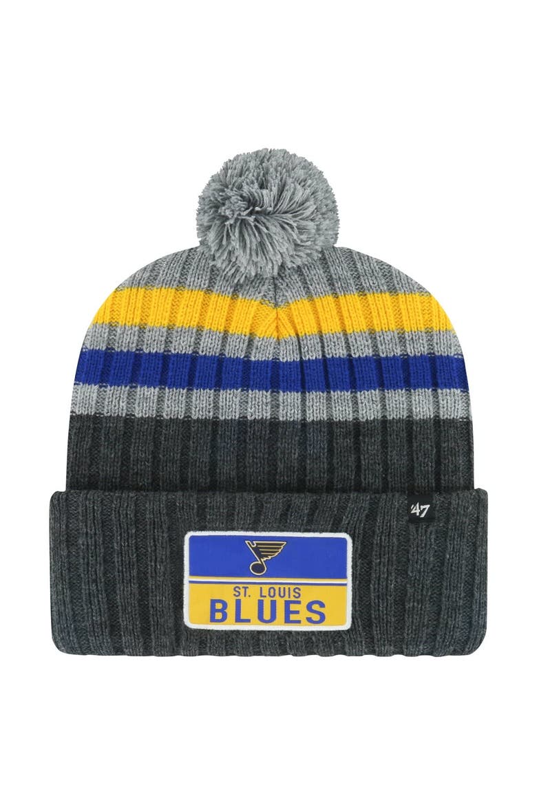 Men's '47 Gray St. Louis Blues Stack Patch Cuffed Knit Hat with Pom, Main, color, Gray