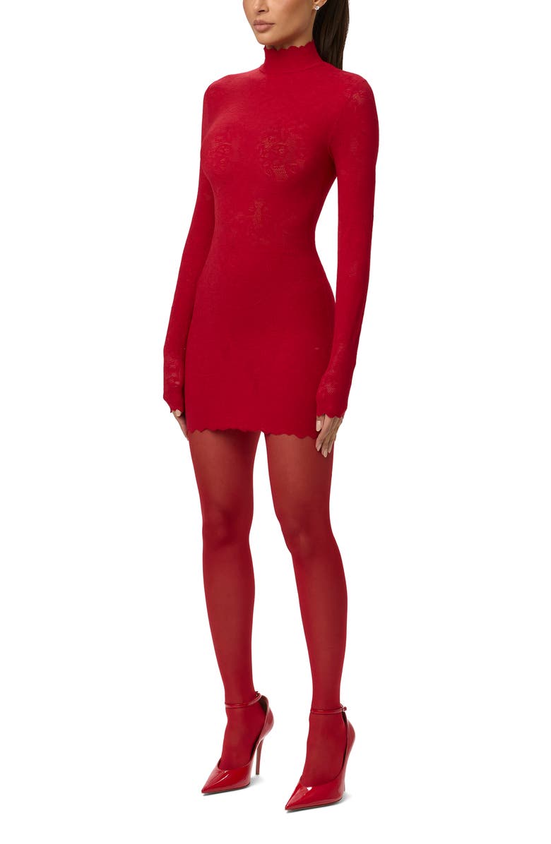 Naked Wardrobe Scalloped Long Sleeve Lace Minidress, Alternate, color, Ruby Red
