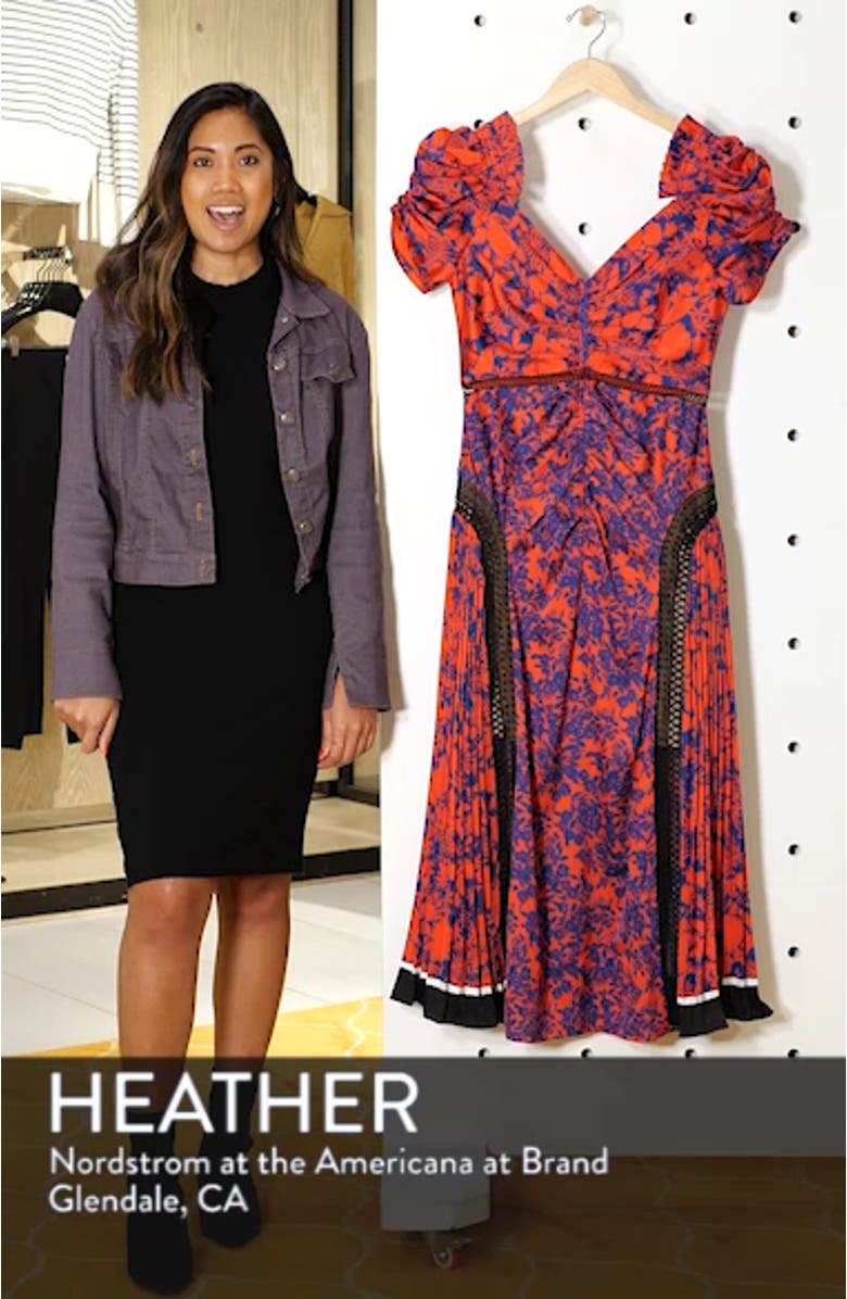 Ruched & Pleated Floral Print Midi Dress, sales video thumbnail