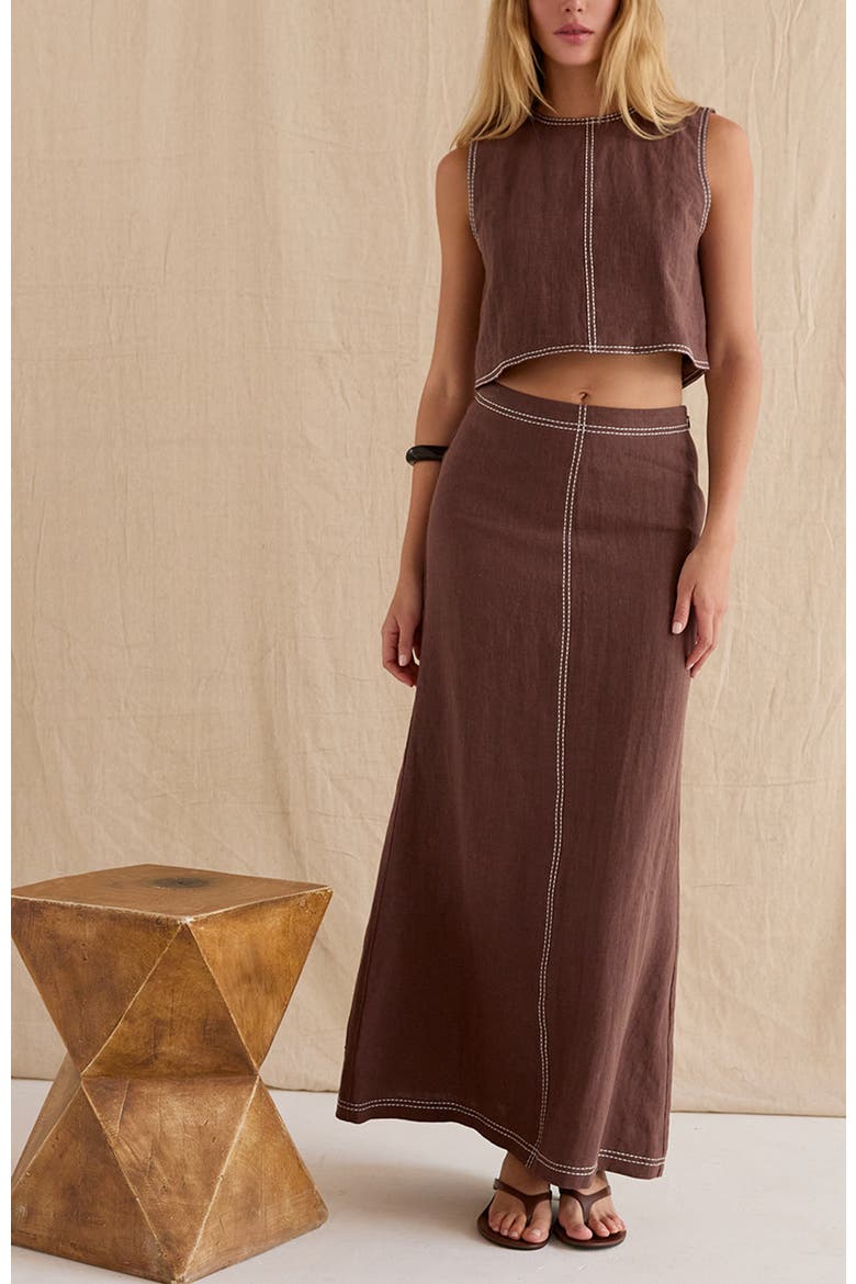 Embroidered Contrast Stitch Linen Maxi Skirt, Alternate, color, Brown