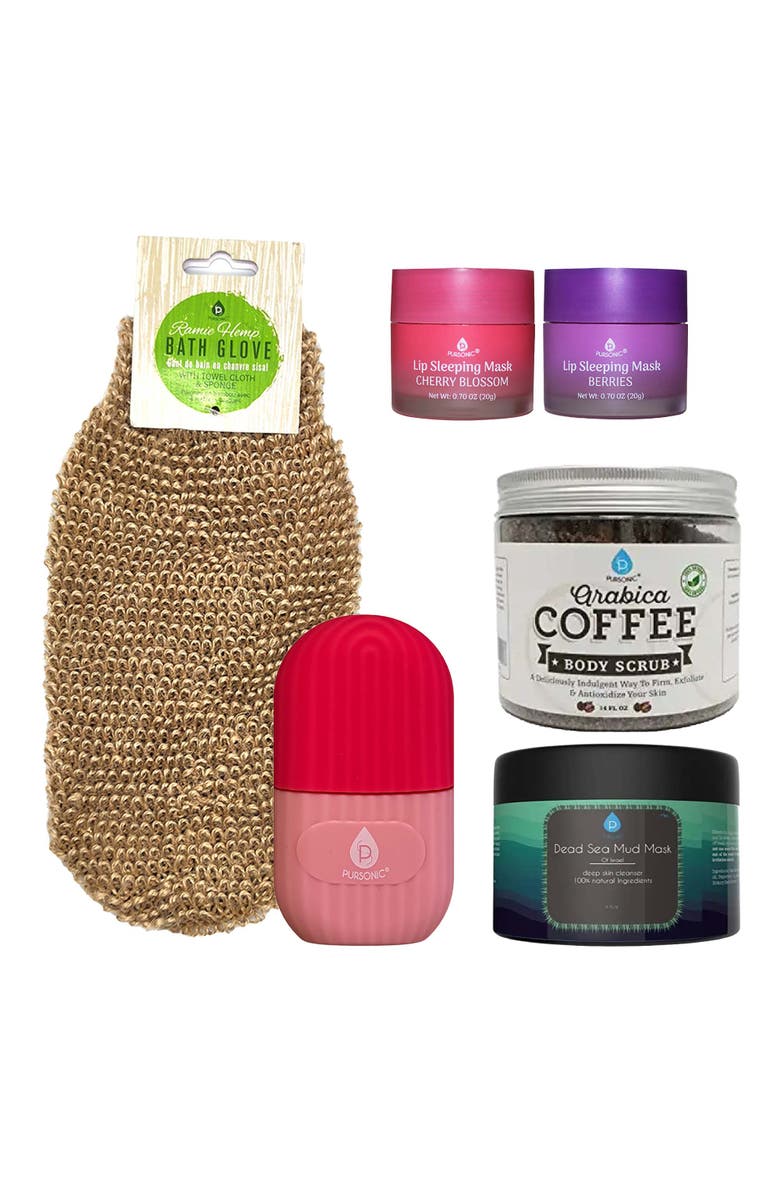 PURSONIC Self Care Night Bundle Lip Masks, Dead Sea Mud Mask, Ice Roller, Bath Glove & Coffee Scrub, Main, color, 