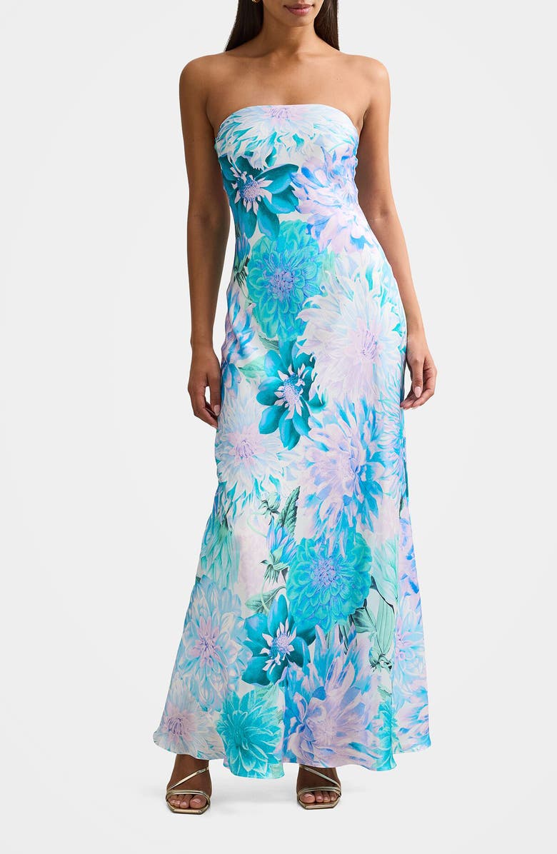 Ever New Kai Floral Strapless Satin Dress, Main, color, Blue Carmen Floral