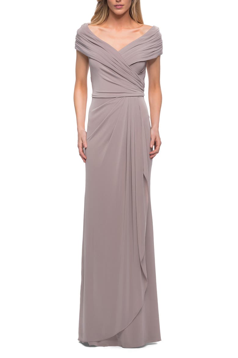 Ruched Jersey Long Gown with V-Neckline, Main, color, SILVER