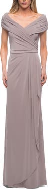 La Femme Ruched Jersey Long Gown with V-Neckline