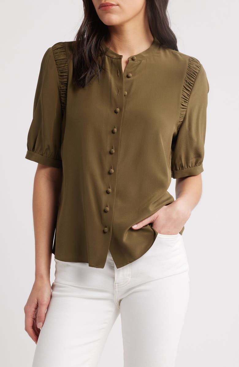 FRAME The Silk Gathered Short Sleeve Button-Up Shirt, Main, color, Juniper