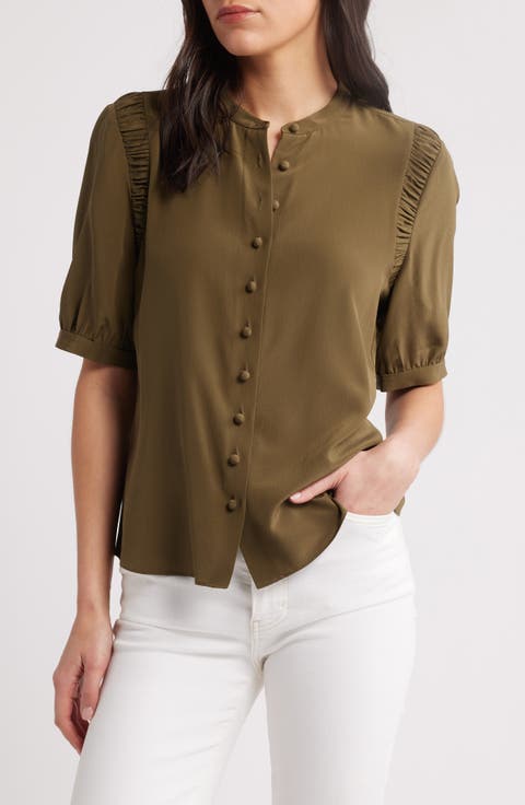 The Silk Gathered Short Sleeve Button-Up Shirt