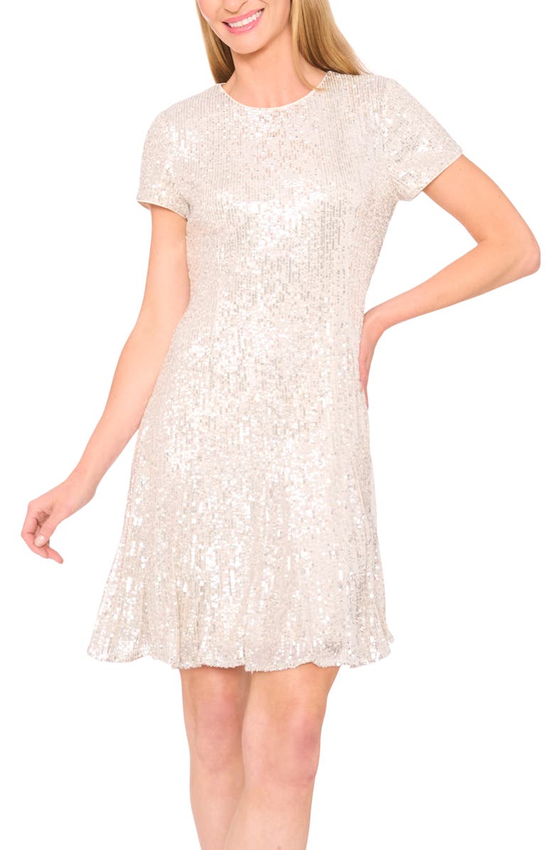 CeCe Sequin Fit & Flare Dress, Alternate, color, Champagne