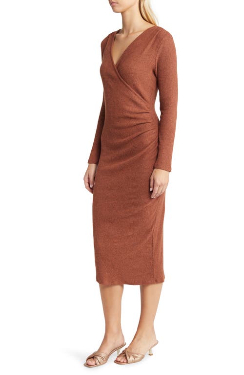 Loveappella Long Sleeve Faux Wrap Midi Dress In Brown