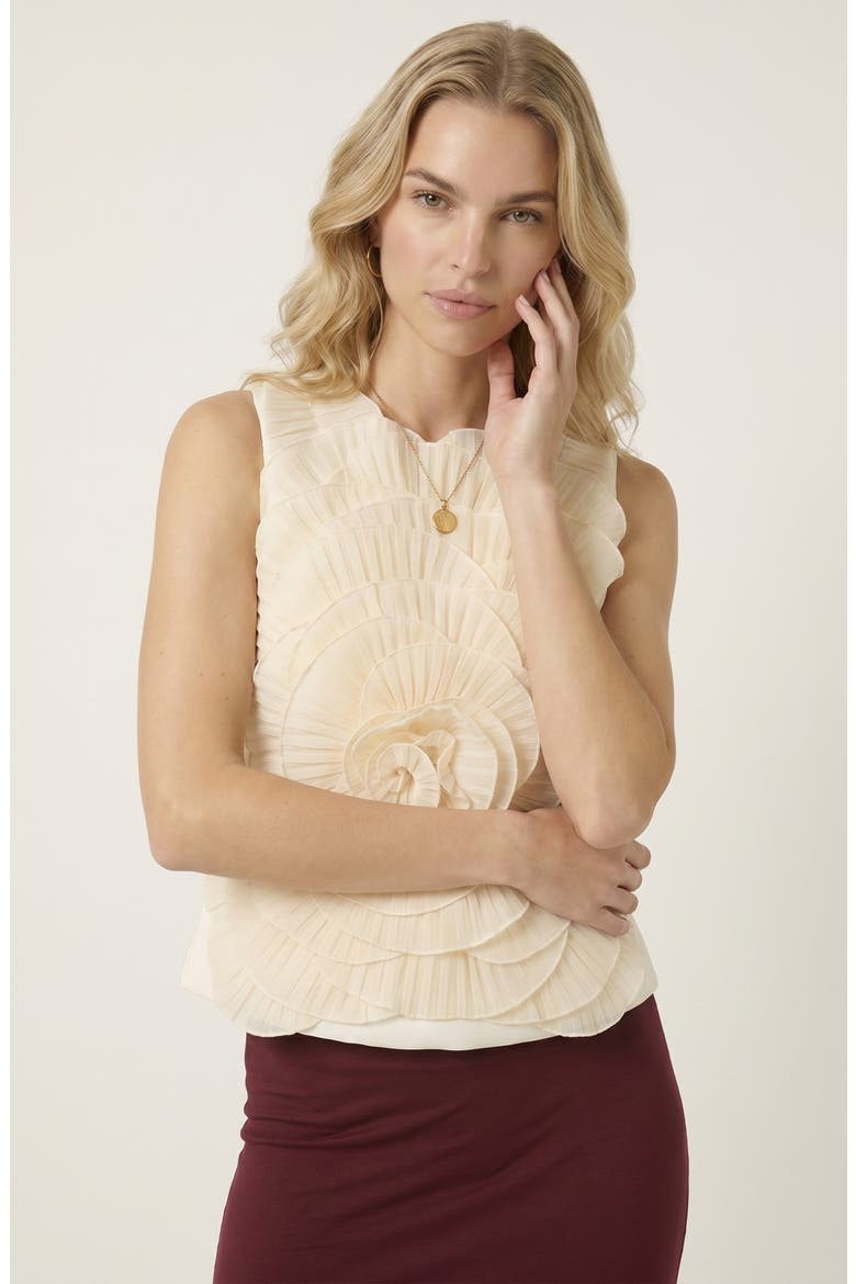 Pleated Floral Applique Sleeveless Top, Main, color, Beige
