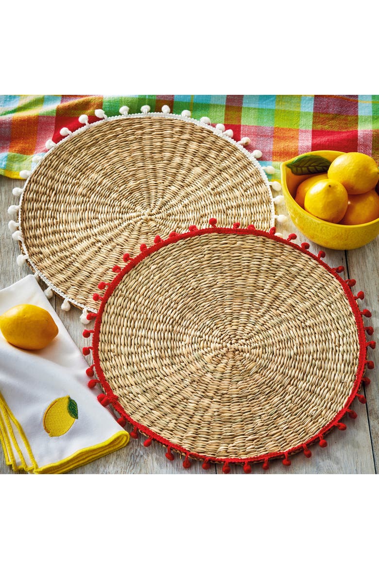 Pompom Placemat Red Multi Red Multi Seagrass Everyday,Summer, Alternate, color, Red