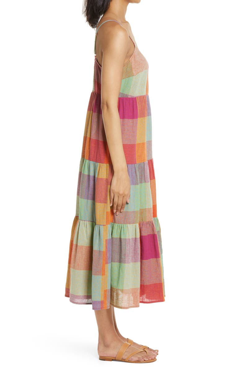 beachlunchlounge Lana Madras Plaid Tiered Midi Sundress, Alternate, color, 