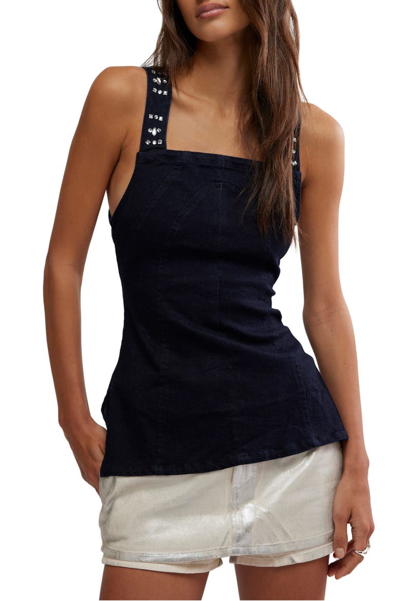 Decked in Shine Rhinestone Denim Tank, Main, color, DARK RINSE