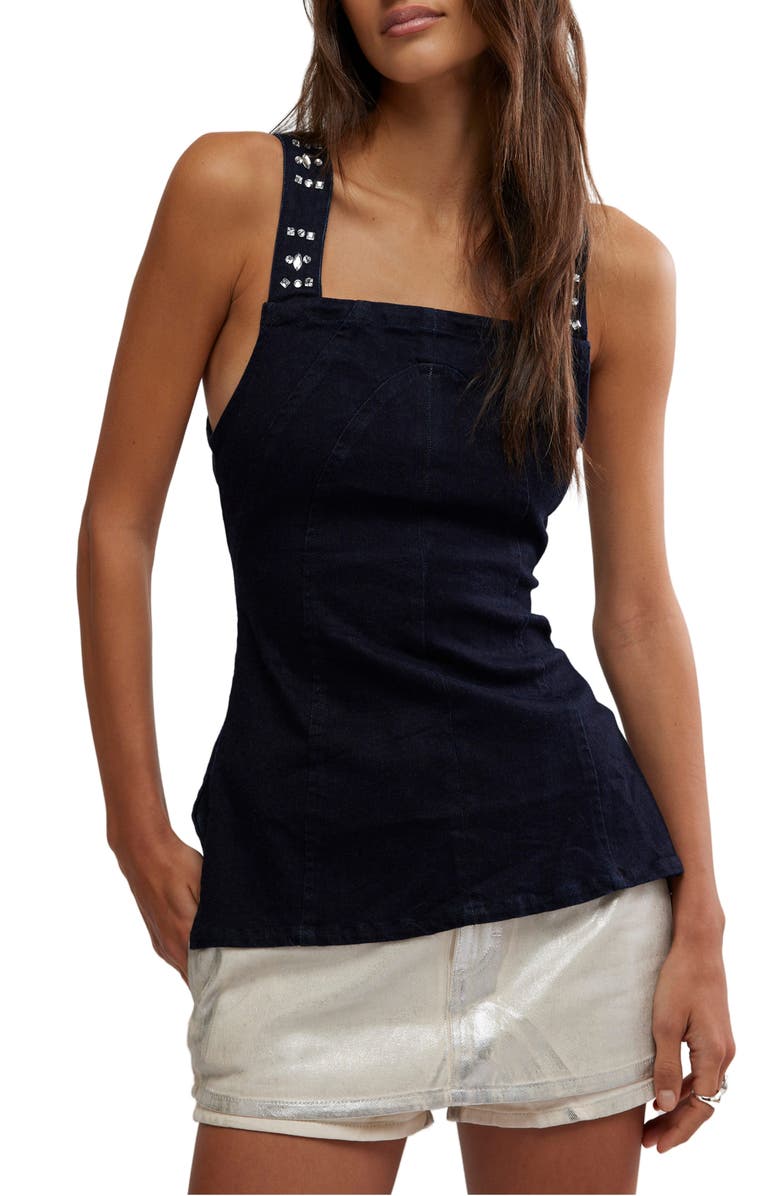 Free People Decked in Shine Rhinestone Denim Tank, Main, color, Dark Rinse