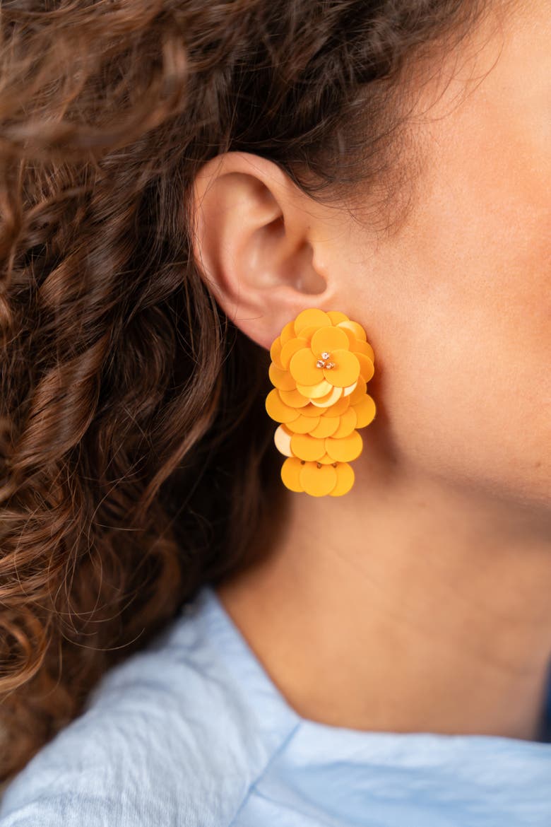Sequin Flower Waterfall Statement Earrings in Orange, Alternate, color, Orange