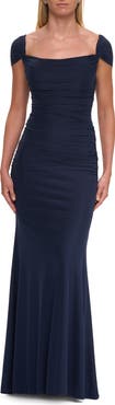 La Femme Simple Ruched Cap Sleeve Net Jersey Gown