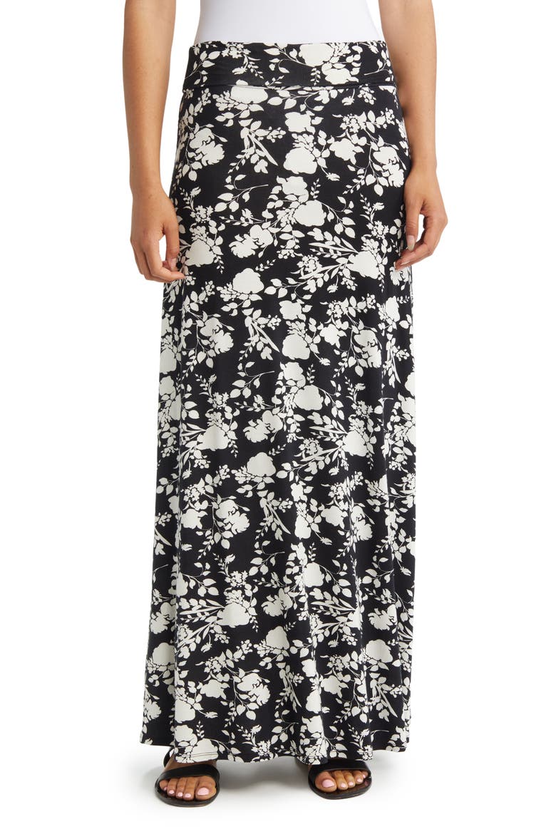 Floral Roll Top Maxi Skirt, Main, color, BLACK/IVORY