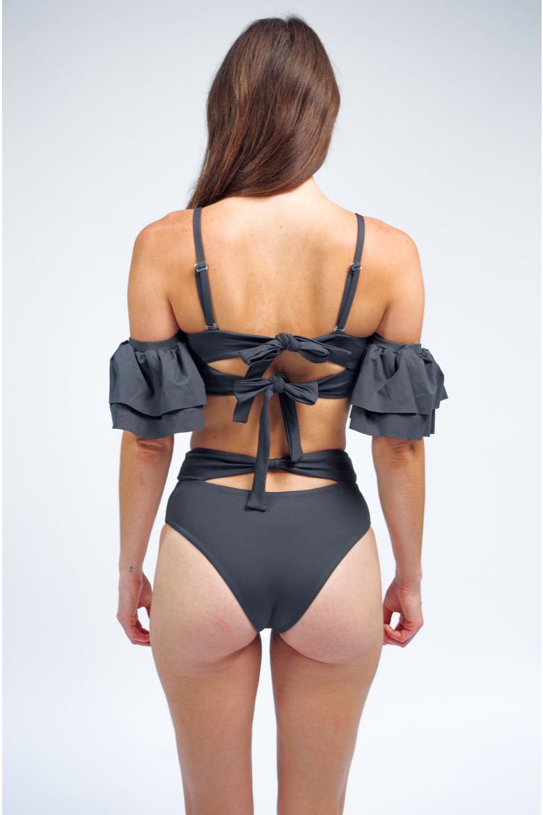 Ty Cutout Bikini Top With Ruffle Sleeves, Alternate, color, Charcoal Grey