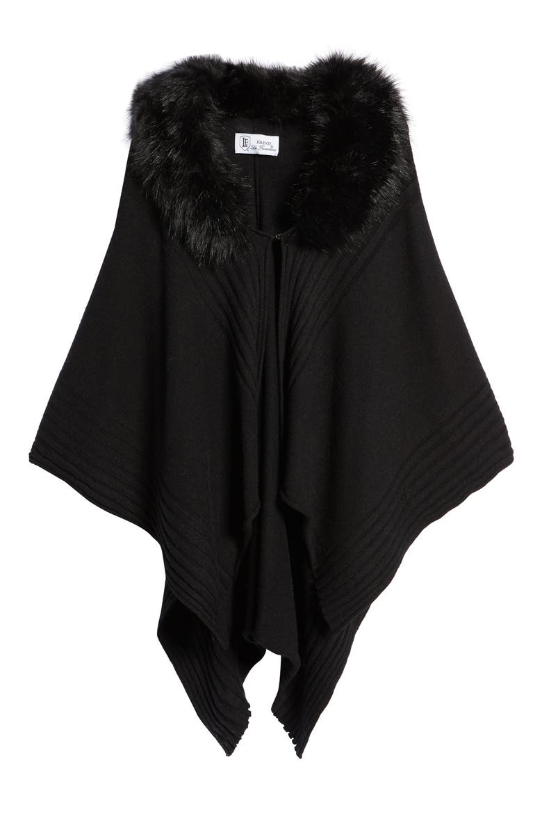 Rib Ruana with Faux Fur Collar, Alternate, color, BLACK
