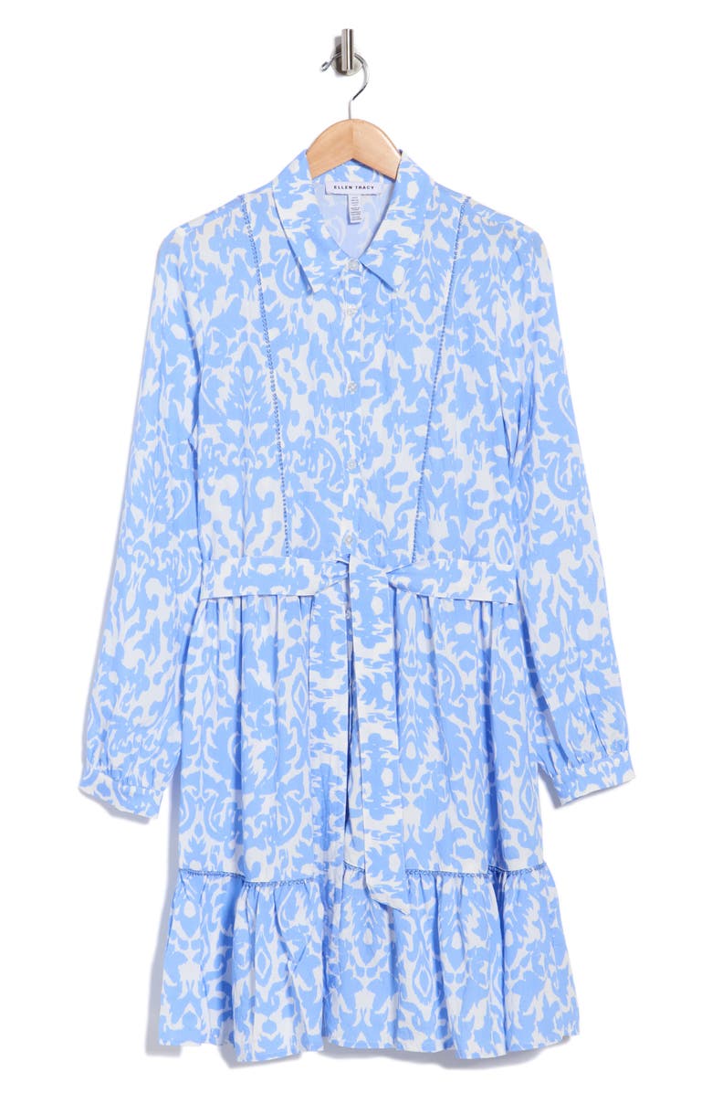 Ellen Tracy Long Sleeve Tie Waist Shirtdress, Alternate, color, French Blue Damask