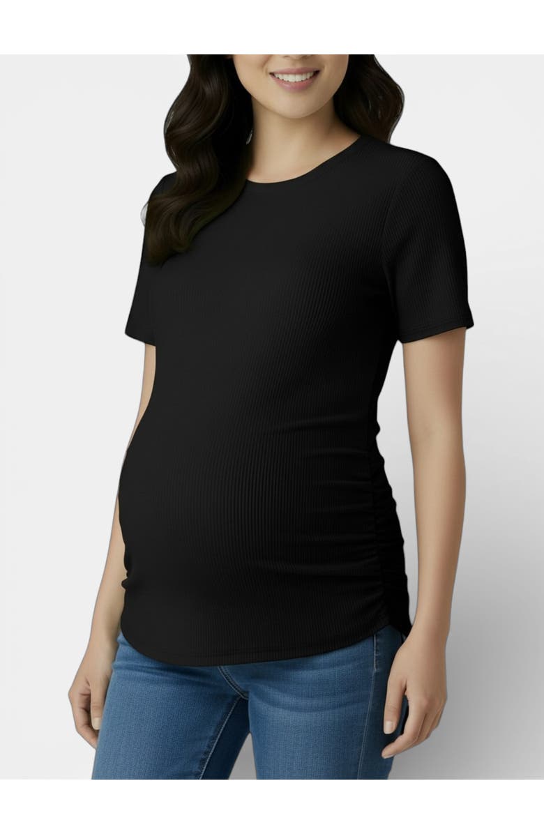 MOTHERHOOD MATERNITY Women's Crew Neck Side-Ruched Maternity Short Sleeve Top, Main, color, Black