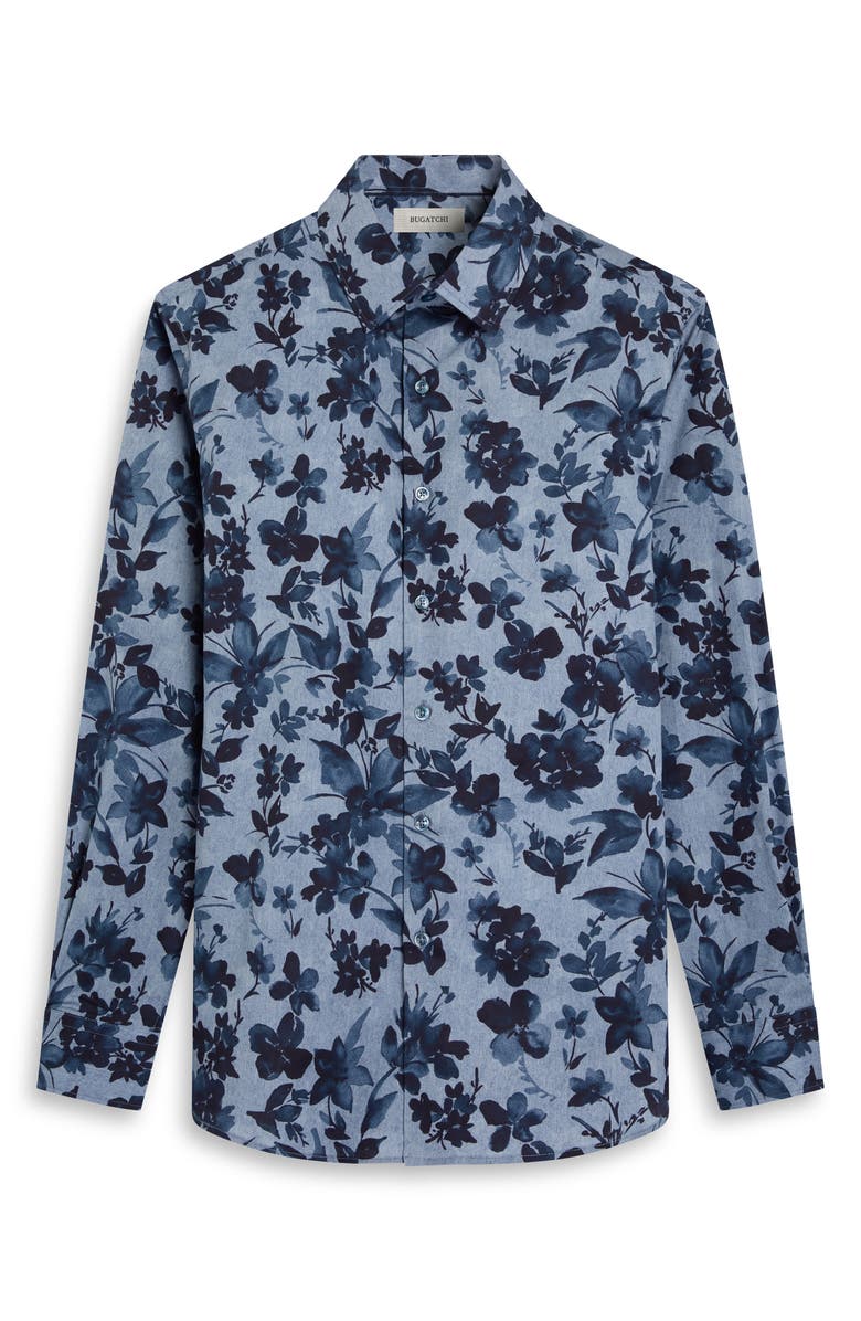 Bugatchi Julian Shaped Fit Floral Print Stretch Cotton Button-Up Shirt, Alternate, color, Cobalt