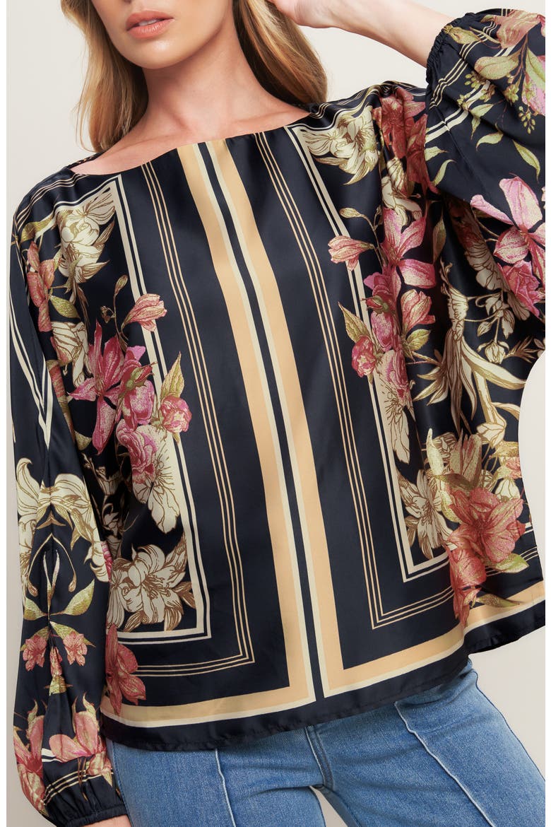 Floral & Stripe Print Satin Top, Alternate, color, BLACK