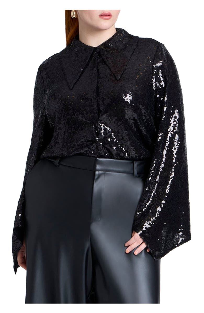 ELOQUII Flare Sleeve Sequin Button Down, Main, color, Black