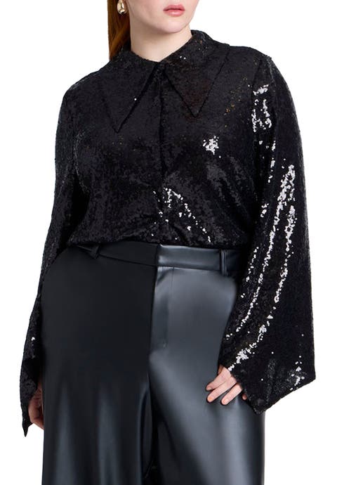 Flare Sleeve Sequin Button Down (Plus Available)